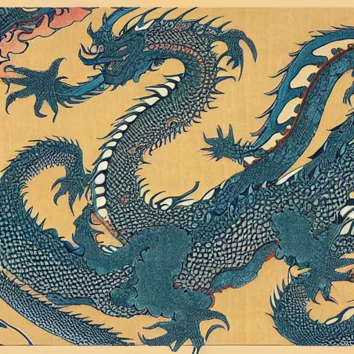 Image similar to a fractal dragon by hokusai, by james jean, by bosch