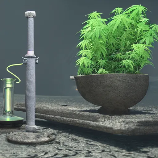 Image similar to cannabis bong water pipe, fire, smoke, octane render, 8 k, ultra hd, unreal engine 5, ray tracing