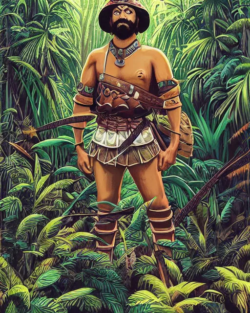 Prompt: portrait of barbaric spanish conquistador in a dense jungle, symmetrical, by yoichi hatakenaka, studio ghibli and dan mumford