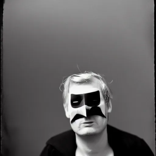 Prompt: portrait of a fake drunk Batman by Diane Arbus, 50mm, black and white