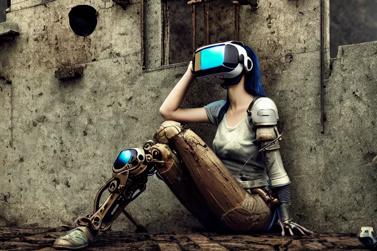 Image similar to Broken cyborg girl with VR helmet sitting on old courtyard with mud and an old playground between two soviet five-storey overgrown with ivy panel houses, high details, cinematic, 8k resolution, beautiful detailed, insanely intricate details, artstation trending, rule of third, octane render, unreal engine