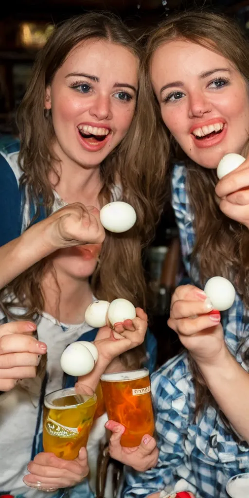 Prompt: british siamese twins eating pickled eggs at the pub