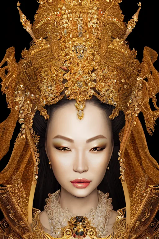 Prompt: a beautiful empress portrait, with a brilliant, impossible striking shiny big gold headpiece, gold clothes, rococo, baroque, jewels, asian, realistic, closeup, D&D, fantasy, intricate, elegant, highly detailed, digital painting, artstation, octane render, studio lighting, 8k, concept art, matte, sharp focus, illustration, art by Gustav Klimt, Artgerm and Greg Rutkowski and Alphonse Mucha