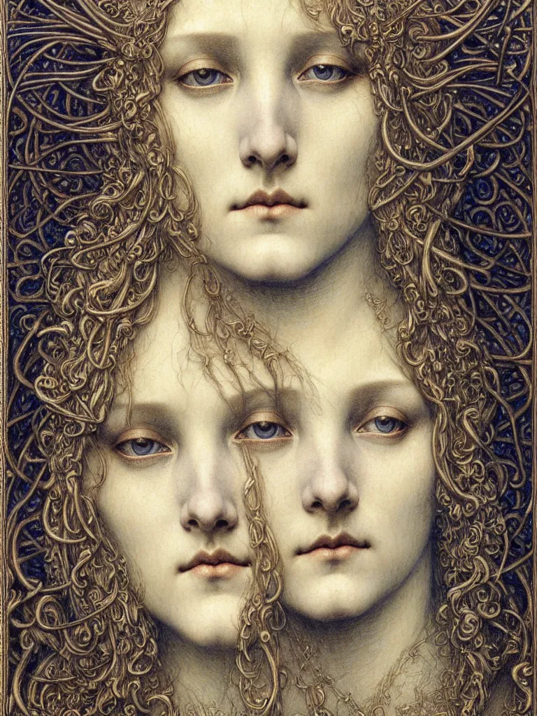 Image similar to detailed realistic beautiful young medieval queen face portrait by jean delville, gustave dore and marco mazzoni, art nouveau, symbolist, visionary, gothic, pre - raphaelite. horizontal symmetry