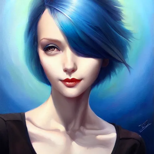 Image similar to a beautiful painting of a smiling woman with stylish short blue hair and sparkling blue eyes representative of the art style of artgerm and wlop and peter mohrbacher