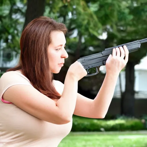 Image similar to a well endowed suburban mom shooting a handgun at giant squirrels in her front yard, high quality, photo,