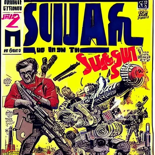 Prompt: space opera gunfight, in the style of feldstein, johnny craig, wally wood, and jack davis - - ar 1 6 : 9 subbed out gunfight for : slugfest, shootout, warzone,