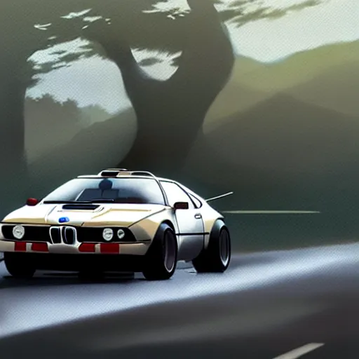 Prompt: bmw m 1, painted by greg rutkowski makoto shinkai takashi takeuchi studio ghibli, akihiko yoshida