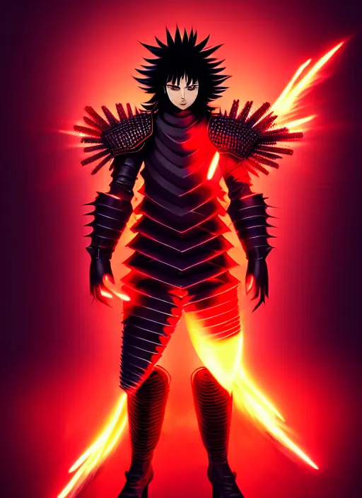 Prompt: a striking cinematic full body manga portrait of a long black haired male teenager wearing imposing red jagged spiked plate armour and glowing with raging powerful red energy by hirohiko araki and beeple, fine details, digital art, character concept art, volumetric lighting, cinematic light, photorealistic