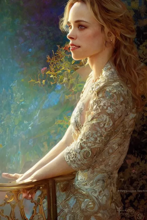 Prompt: Rachel McAdams portrait, fantasy, elegant, intricate, by Stanley Artgerm Lau, greg rutkowski, thomas kindkade, alphonse mucha, loish, norman Rockwell