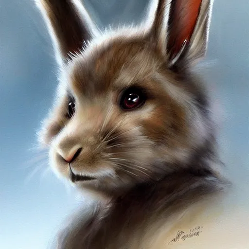 Image similar to cute anthropomorphic bunny, green eyes, light brown fur, wlop, artgerm, royo