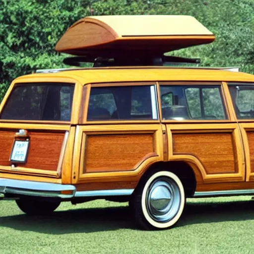 Prompt: 1 9 7 0's woody station wagon in the style of cybertruck