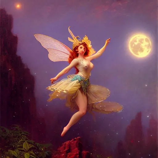 Image similar to attractive fairy magically floating high in the night, fantasy, full moon in background. highly detailed painting by gaston bussiere, craig mullins, j. c. leyendecker, mid shot, 8 k