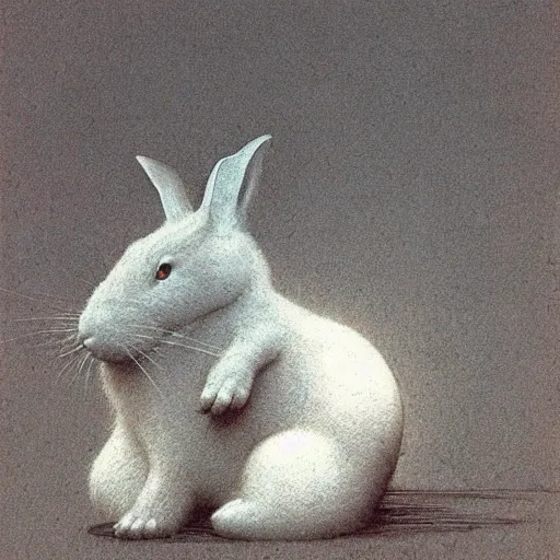 Prompt: a white rabbit by beksinski