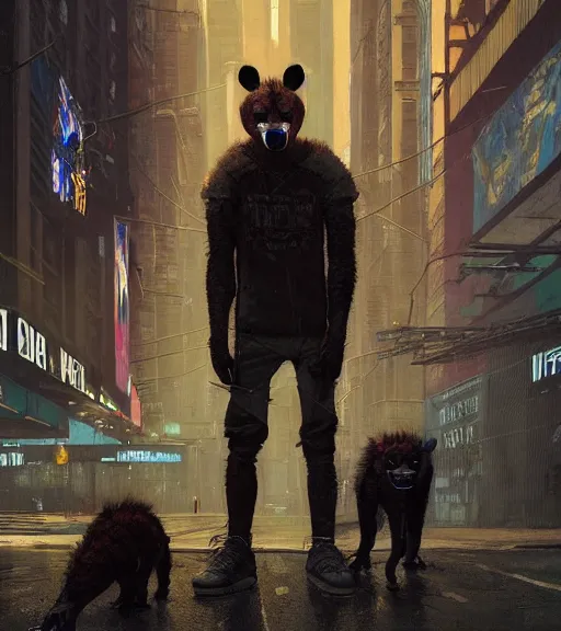 Image similar to new york city portrait of furry anthro anthropomorphic spotted hyena head animal person fursona wearing clothes strange cybernetic muzzle gloomy rainy screenshot from the video game cyberpunk 2077 digital art by Greg Rutkowski, Simon Stalenhag, christopher nolan trending on Artstation, CGSociety