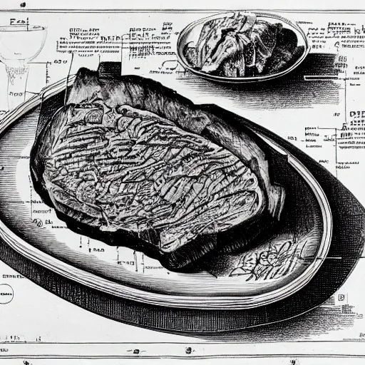 Prompt: highly detailed schematic of steak, da vinci