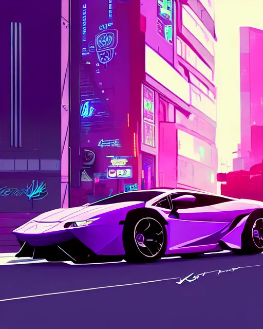 Image similar to digital illustration of cyberpunk pretty girl with blue hair, standing in front of a purple lamborghini, in city street at night, by makoto shinkai, ilya kuvshinov, lois van baarle, rossdraws, basquiat