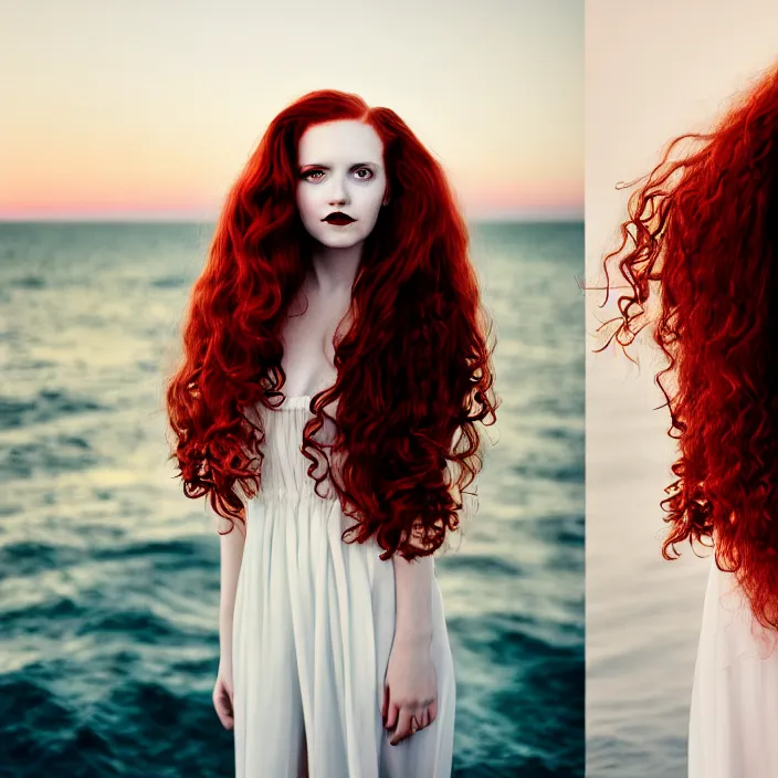 Image similar to a portrait photography of with red long curly hair and full body dress in white by Flora Borsi, stand up with the sea behind, soft sunset lighting, pastel colors scheme, fine art photography, dramatic backgroung, 50 mm sigma art