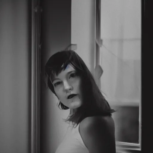 Prompt: black and white fashion photograph highly detailed portrait of a depressed beautiful 35 years old model woman standing by the window, natural light, lomo, fashion photography, film grain, soft vignette, sigma 85mm f/1.4 1/10 sec shutter