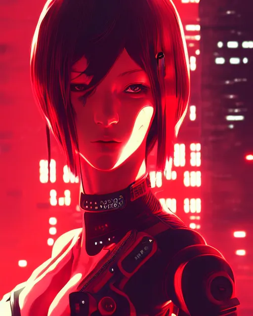 Image similar to a comic potrait of a cyberpunk cyborg girl with black and red parts, fine - face, realistic shaded perfect face, fine details. night setting. very anime style. realistic shaded lighting poster by ilya kuvshinov katsuhiro, unreal engine, global illumination, radiant light, detailed and intricate environment