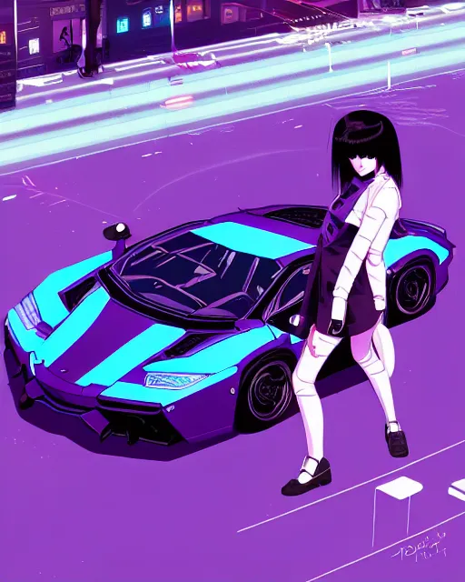 Image similar to digital illustration of cyberpunk pretty girl with blue hair, standing in front of a purple lamborghini, in city street at night, by makoto shinkai, ilya kuvshinov, lois van baarle, rossdraws, basquiat