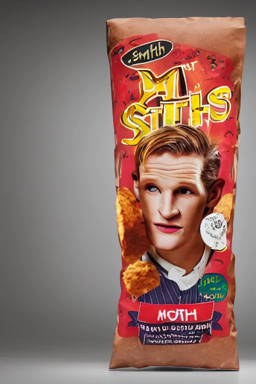 Prompt: 📷 matt smith the bag of smith's crisps, made of food, head portrait, dynamic lighting, 4 k