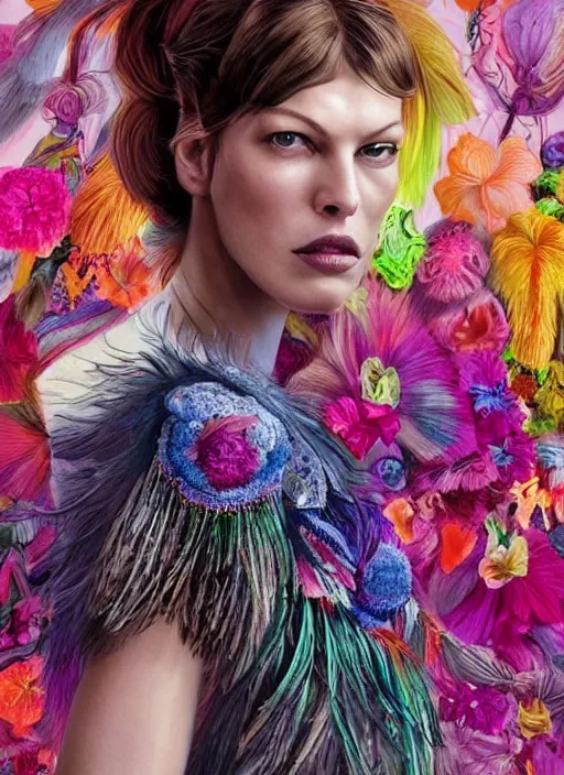 Prompt: beautiful portrait of Milla Jovovich wearing fantastic Hand-dyed cotton dress,embellished beaded feather decorative fringe knots ,colorful pigtail,subtropical flowers and plants,dramatic,symmetrical face,intricate,elegant,highly detailed,8k,post-processing,digital painting,trending on pinterest, GUCCI,PRADA,concept art, sharp focus, illustration, by artgerm,Tom Bagshaw,Lawrence Alma-Tadema,greg rutkowski,alphonse Mucha