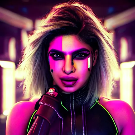 Prompt: Priyanka Chopra, neon face tattoo, cyberpunk background, straight hairstyle, white eyes, blonde hair, realistic render, short hair, unreal engine render, Icaro Carvalho