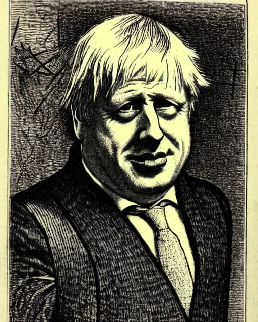 Prompt: illustration of boris johnson from the dictionarre infernal, etching by louis le breton, 1 8 6 9, 1 2 0 0 dpi scan