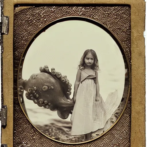 Image similar to tintype photo, underwater with bubbles, girl rides a octopus