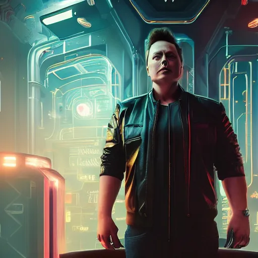 Prompt: ominous portrait, portrait of chubby Elon Musk as a cyberpunk 2077 loading screen, imposing, symmetry, front view, intricate, studio, art by anthony macbain + greg rutkowski + alphonse mucha, concept art, 4k, sharp focus