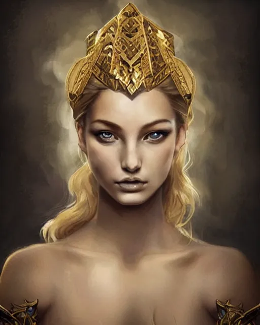 Image similar to tattoo sketch of beautiful super model aphrodite greek goddess wearing a gold laurel wreath and triangle earrings,, beautiful piercing gaze with sharp pupils, beautiful blonde hair, in the style of greg rutkowski, fantasy, amazing detail, epic, elegant, smooth, sharp focus, front view