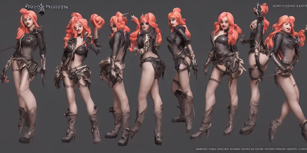 Image similar to Character sheet of prestige coven miss fortune (League of Legends). 3d render, octane render, game art, realistic, highly detailed, trending on artstation, 4k, trending on artstation, pixar, cgsociety, unreal engine 5, redshift render, trending on artstation, blender, behance, cg