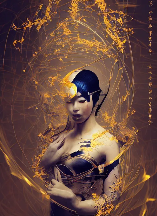 Image similar to portrait of a sensual futuristic geisha cyborg, kintsugi, modern fine art, fractal, glowing calligraphy, intricate ornaments, elegant, highly detailed, digital photography, subsurface scattering, by jheronimus bosch and greg rutkowski,