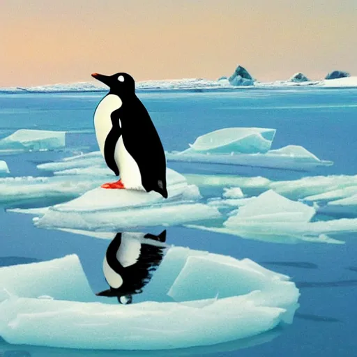 Prompt: penguin surfing on a ice floe on a hughe wave, trending on artstation