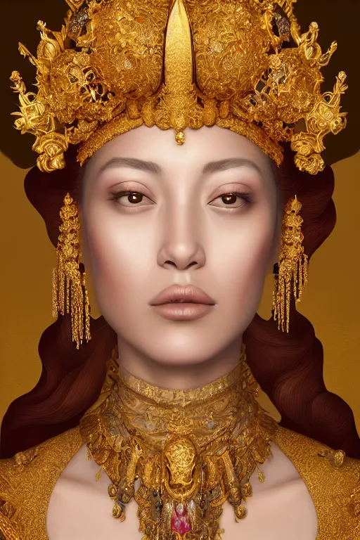 Prompt: a beautiful empress portrait, with a brilliant, impossible striking shiny big gold headpiece, gold clothes, rococo, baroque, jewels, asian, realistic, closeup, D&D, fantasy, intricate, elegant, highly detailed, digital painting, artstation, octane render, studio lighting, 8k, concept art, matte, sharp focus, illustration, art by Artgerm and Greg Rutkowski and Alphonse Mucha