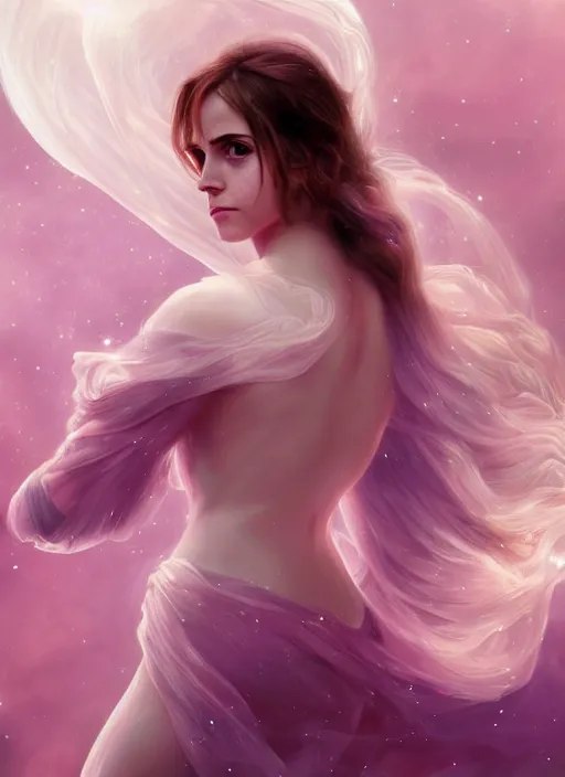 Prompt: emma watson as nature magic celestial, long hair, pink and transparent cloth, space, D&D, shiny background, intricate, elegant, highly detailed, digital painting, artstation, concept art, smooth, sharp focus, illustration, artgerm, bouguereau