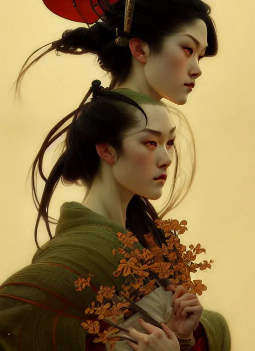 Image similar to samurai, diffuse lighting, fantasy, intricate, elegant, highly detailed, lifelike, photorealistic, digital painting, artstation, illustration, concept art, smooth, sharp focus, art by John Collier and Albert Aublet and Krenz Cushart and Artem Demura and Alphonse Mucha