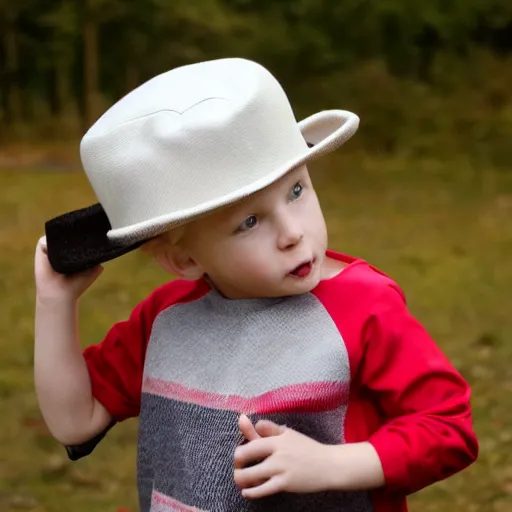 Image similar to blonde boy biting a hat