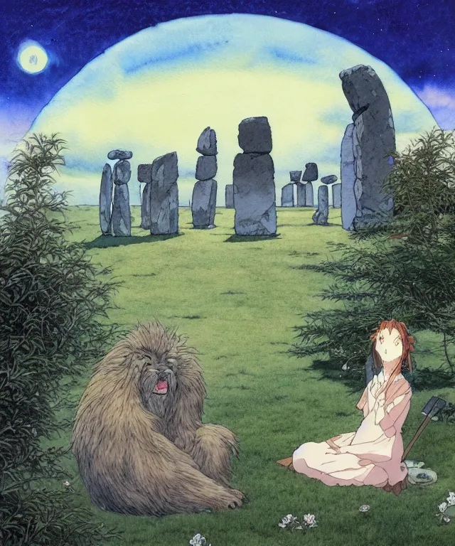 Image similar to a hyperrealist studio ghibli watercolor fantasy concept art. in the foreground is a giant long haired grey sasuatch sitting in lotus position on top of stonehenge with shooting stars all over the sky in the background. by rebecca guay, michael kaluta, charles vess