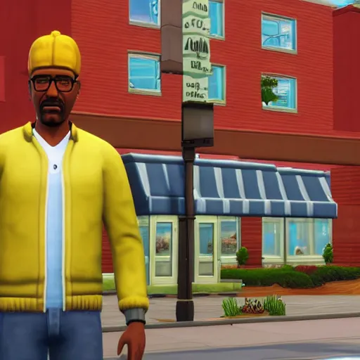 Prompt: Los Pollos Hermanos restaurant from Breaking Bad faithfully recreated in The Sims 4