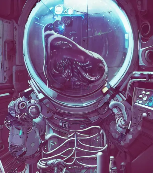 Image similar to a cybernetic realistic octopus in a space station, techwear, Industrial Scifi, detailed illustration, character portrait, graffiti art by Martin Grip and Moebius