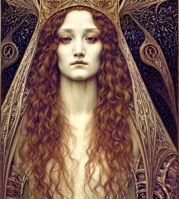 Image similar to detailed realistic beautiful young medieval queen face portrait by jean delville, gustave dore and marco mazzoni, art nouveau, symbolist, visionary, gothic, pre - raphaelite. horizontal symmetry