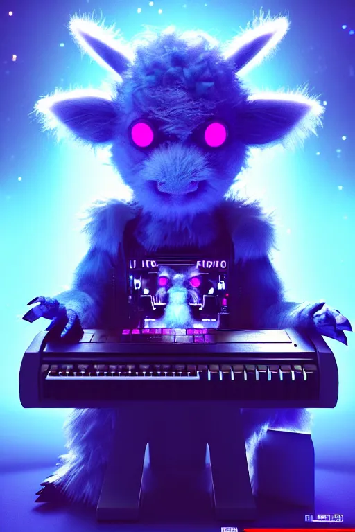 Image similar to high quality 3 d render sci - fi very cute neuromancer fluffy! mutant cow hybrid! playing keyboard, highly detailed, unreal engine cinematic smooth, in the style of blade runner & detective pikachu, hannah yata charlie immer, moody blue light, low angle, uhd 8 k, sharp focus