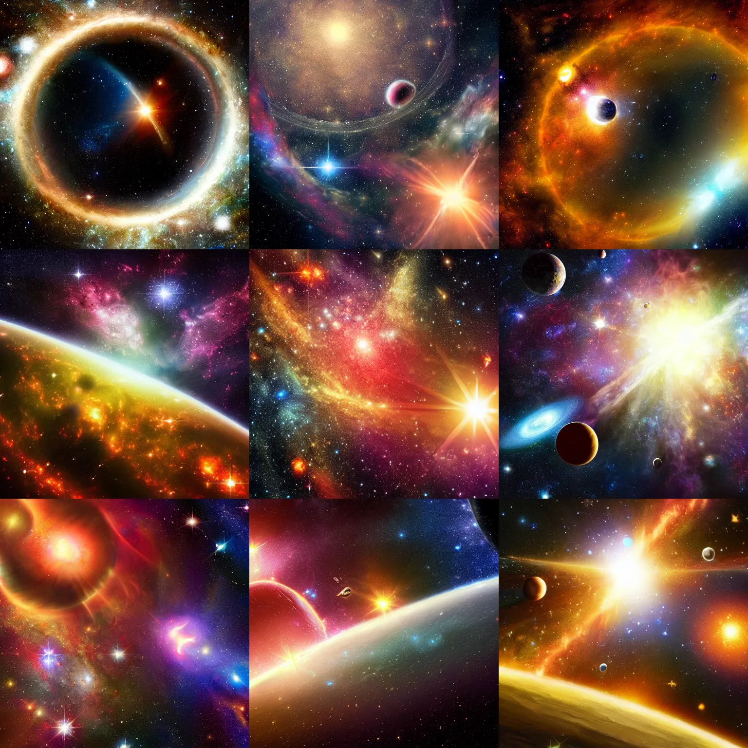 Prompt: Massive epic space scene with tiny point source stars of different colors, Hubble deep field background, rich powerful intricate detailed realistic artistic, planets with megastructures on them, lens flares