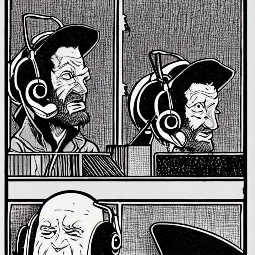 Image similar to drawn in the style of jean giraud!! moebius!! rackham the red wearing headphones and speaking into big microphone, podcast studio