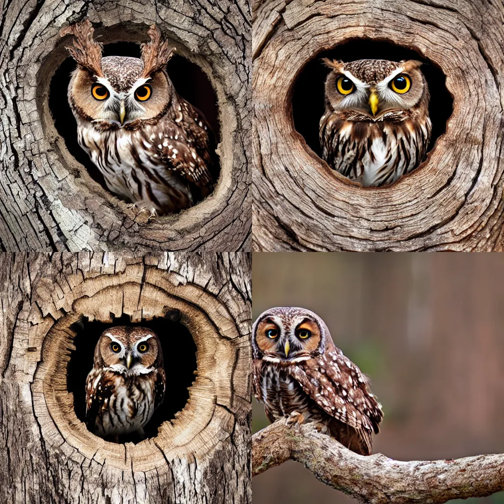 Prompt: a brown owl with big eyes making a hole in an oak tree, ultra realistic, professional picture, close up