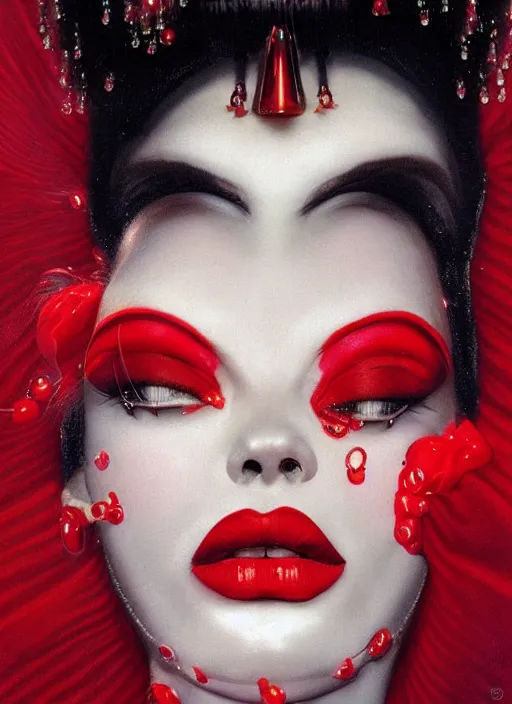 Image similar to an 8 0 s portrait of a woman with dark eye - shadow and red lips with dark slicked back hair with alexander mcqueen face beads dreaming acid - fueled hallucinations by serge lutens, rolf armstrong, delphin enjolras, peter elson, red cloth background