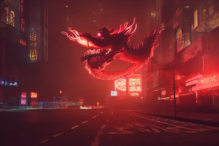 Prompt: cinematic wide angle shot of a neon smoke chinese dragon, midnight city lights, strong bokeh, dramatic lighting, unreal engine, cgsociety, artstation, 4k