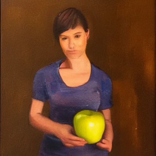 Prompt: a human posing while holding an apple, oil on canvas